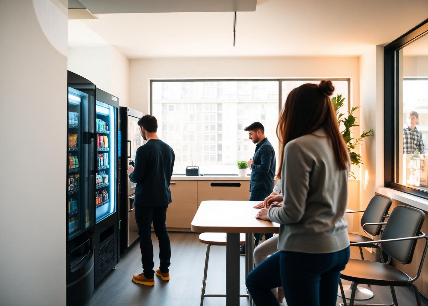 People using a smart vending machine in a bright modern office break room
