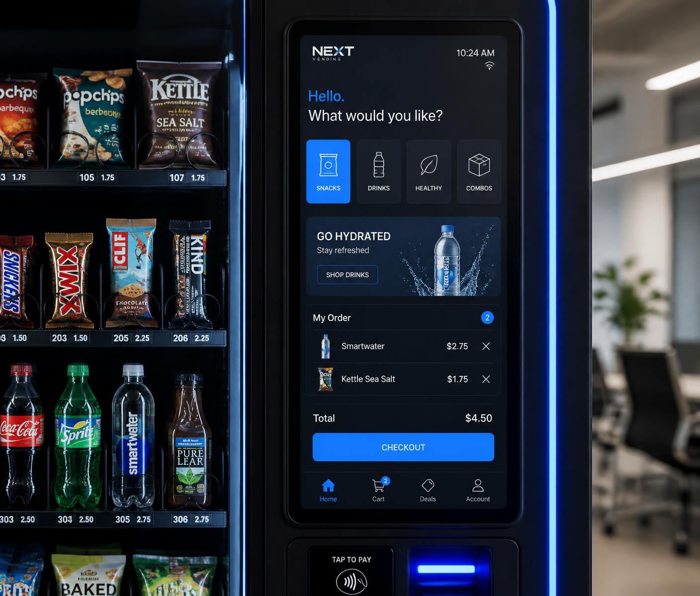 Close-up of a smart vending machine touchscreen with contactless payment